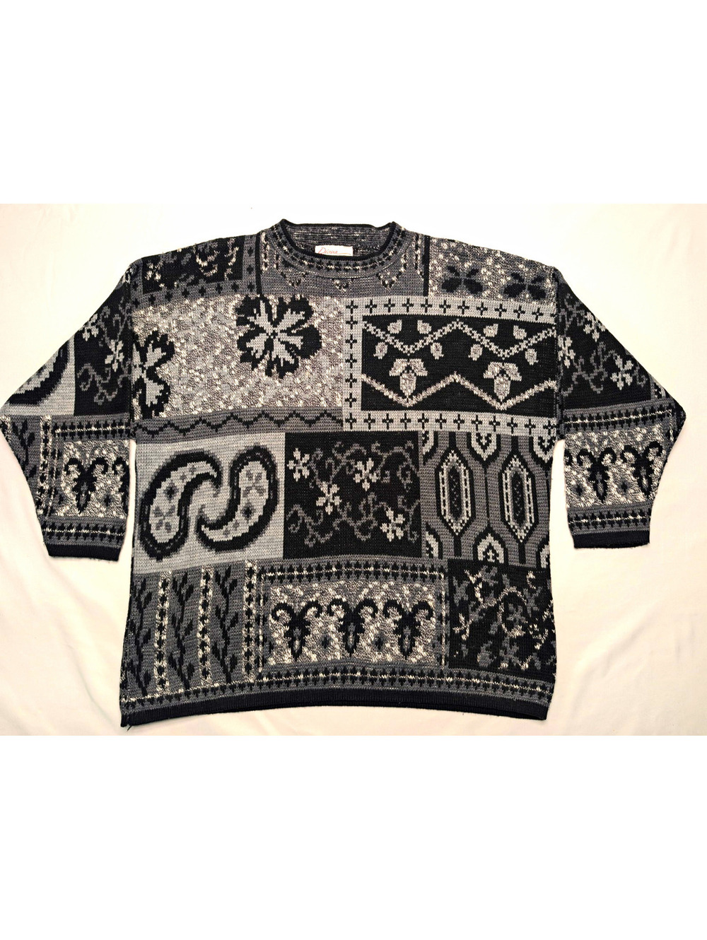 VTG Diana Marco Blk Gray White Patchwork Patern Grannycore Sweater XL/2XL